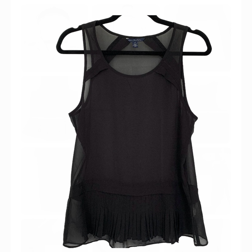AMERICAN EAGLE Women’s Black Tank Top Sheer Flowy Chiffon Raw Hem Pleated SZ. SP